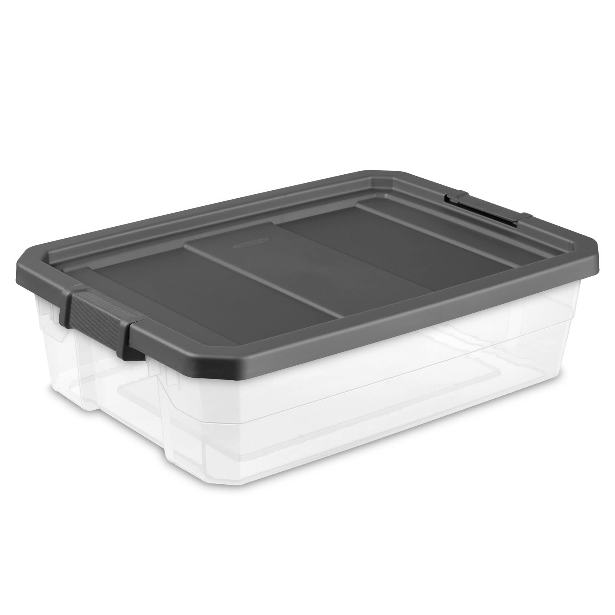 Sterilite 40 Quart Plastic Stacker Box, Lidded Storage Bin Container For Home And Garage Organizing, Shoes, Tools, Clear Base &